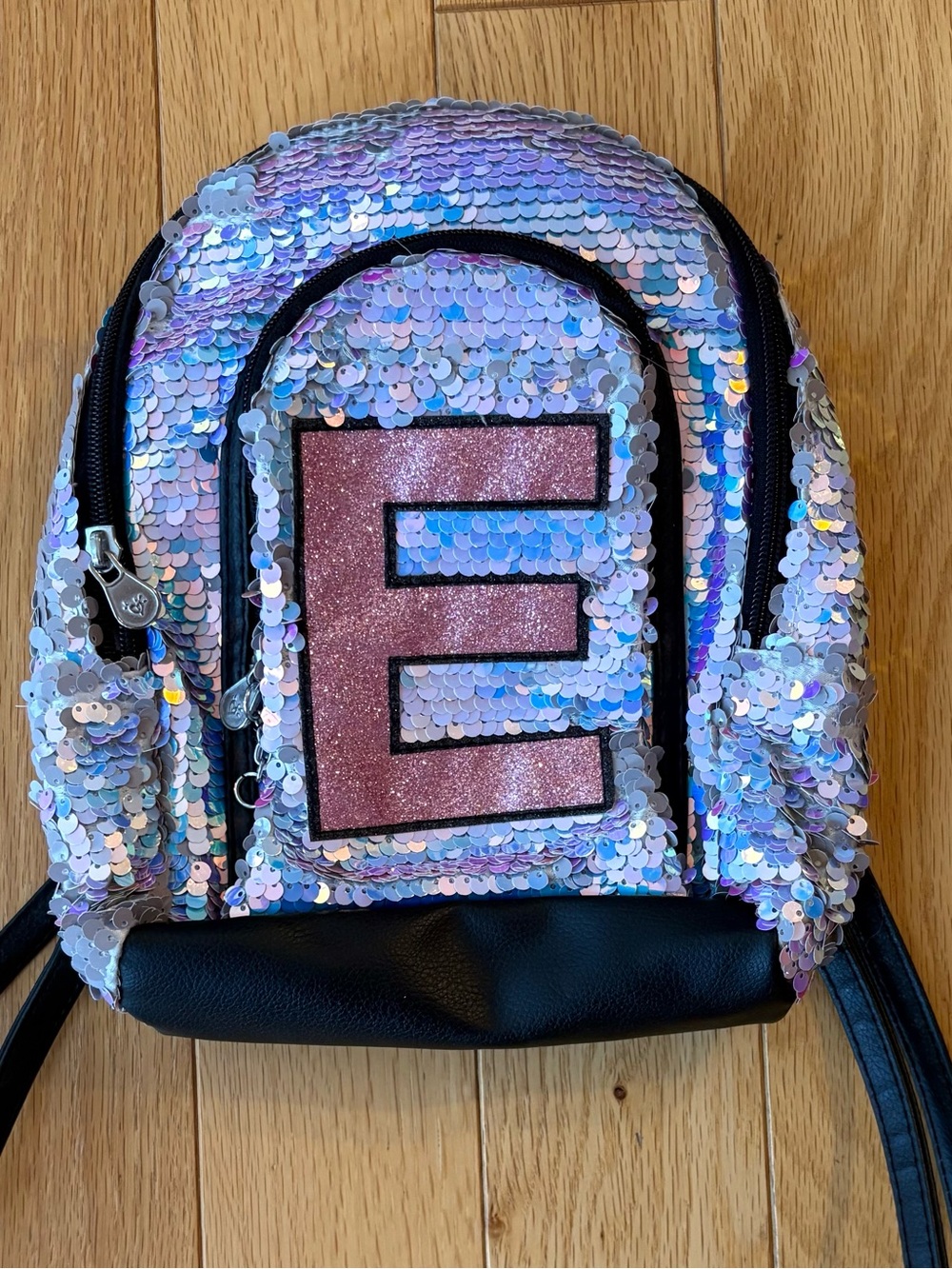 Justice Sequin Mini Backpack Bag Silver Sequins With The Pink Letter E